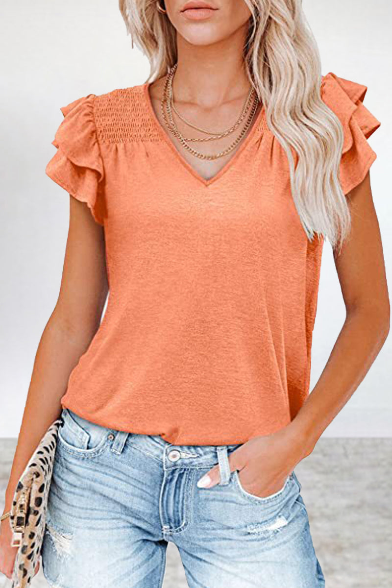 Casual Simplicity Solid Flounce V Neck T-Shirts(5 Colors)