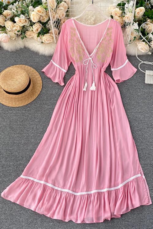 Embroidery Flares Sleeve Maxi Dress