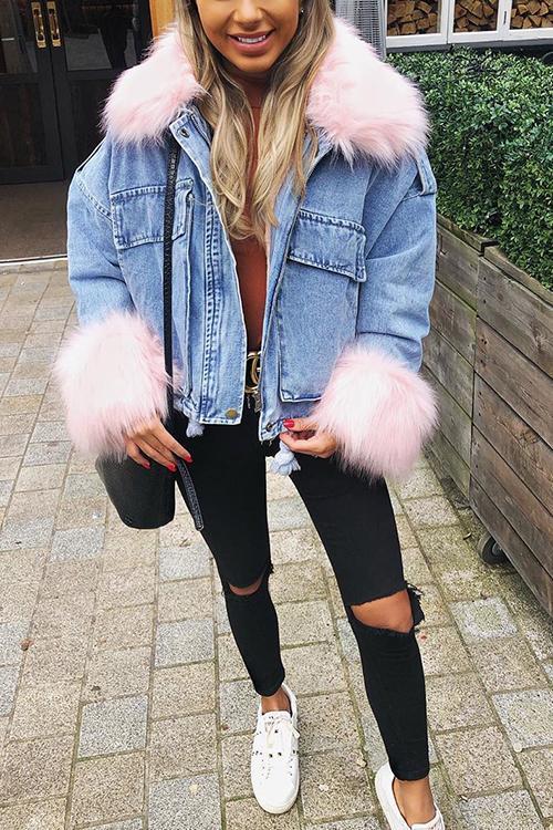 Detachable Fuzzy Faux Fur Collar Denim Coat