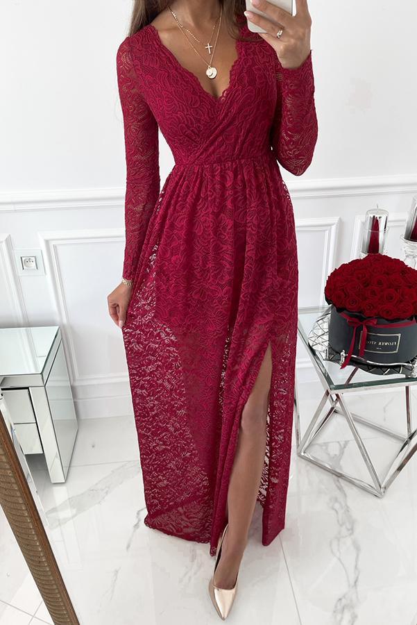 Rose Garden V-neck Lace Slit Maxi Dress