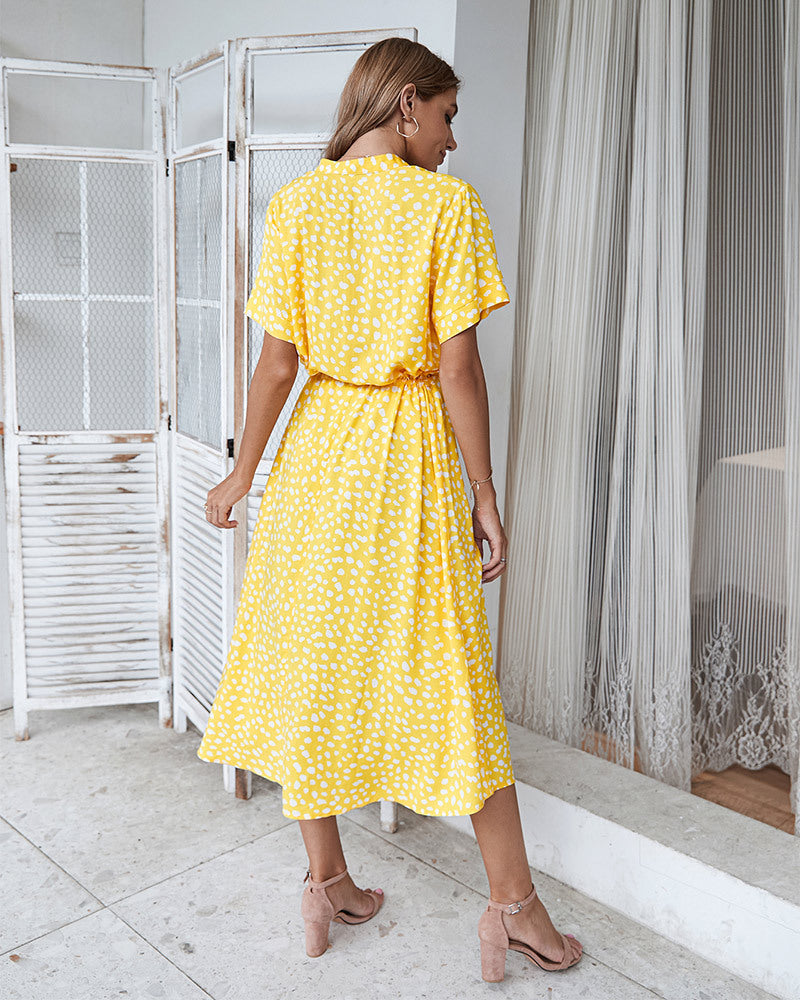 Casual Polka Dot V-Neck Short Sleeve Midi Dress