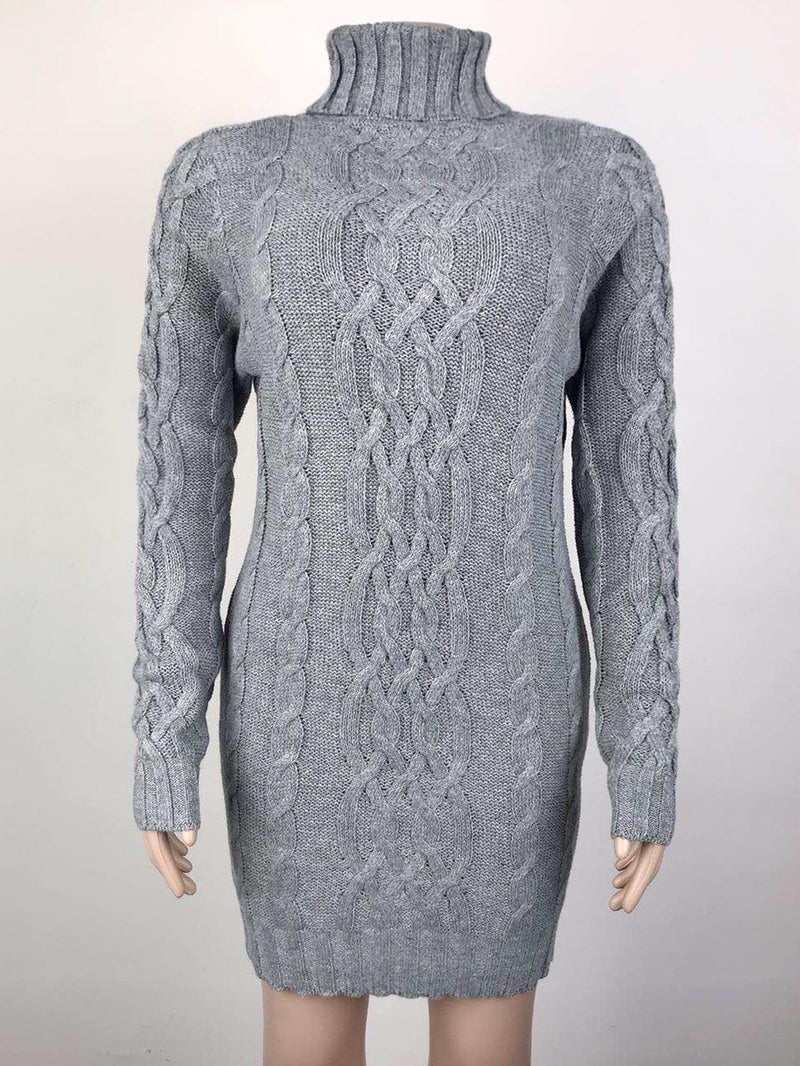 Turtleneck Long Sleeve Twist Knitted Sweater Mini Dress