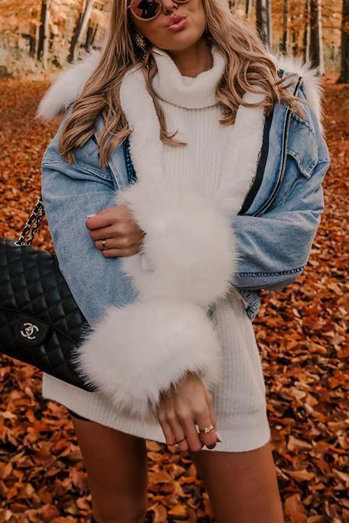 Detachable Fuzzy Faux Fur Collar Denim Coat