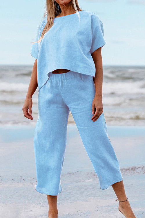 Solid Short Sleeve Pullover Top Elastic Waist Cropped Pants Set