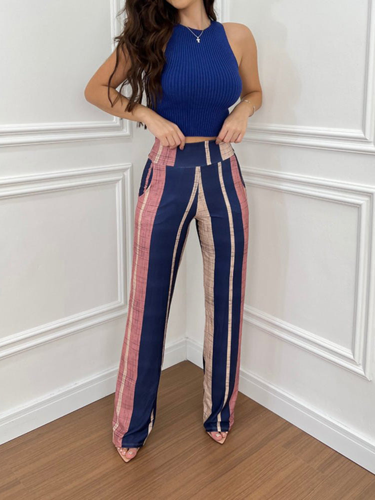 Women's Sets Sleeveless Vest Striped High Waist Pants Two-Piece Set