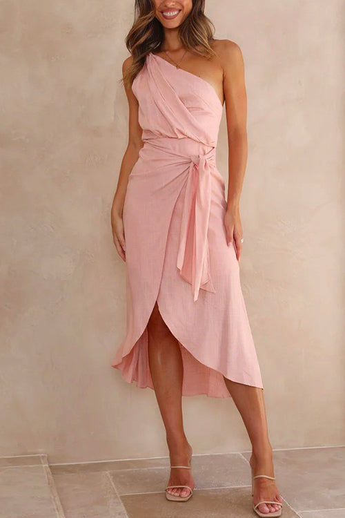 One Shoulder Tie Waist Wrapped Midi Dress