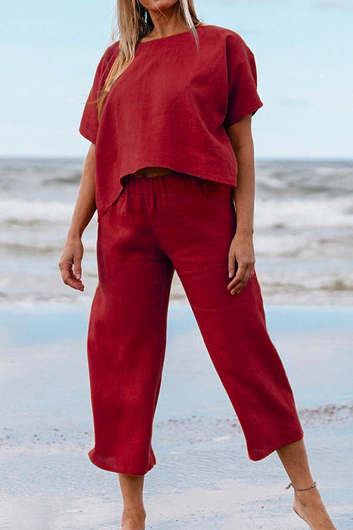 Solid Short Sleeve Pullover Top Elastic Waist Cropped Pants Set