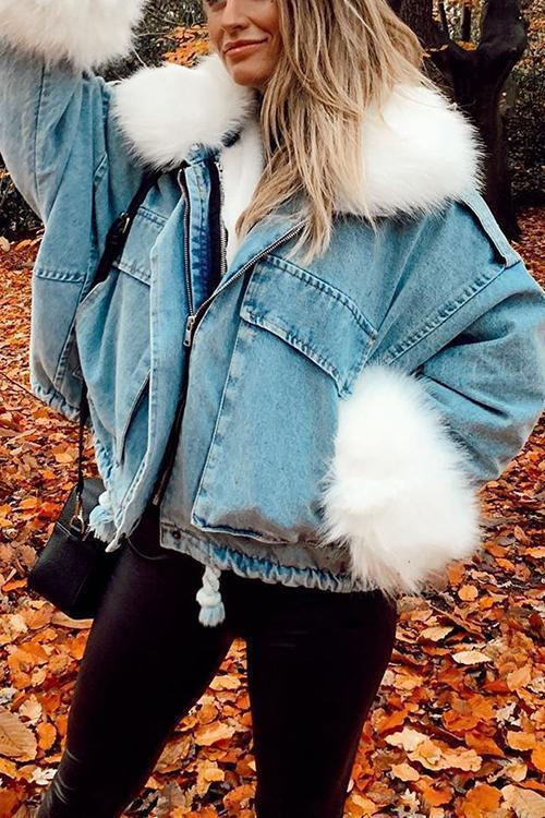 Detachable Fuzzy Faux Fur Collar Denim Coat