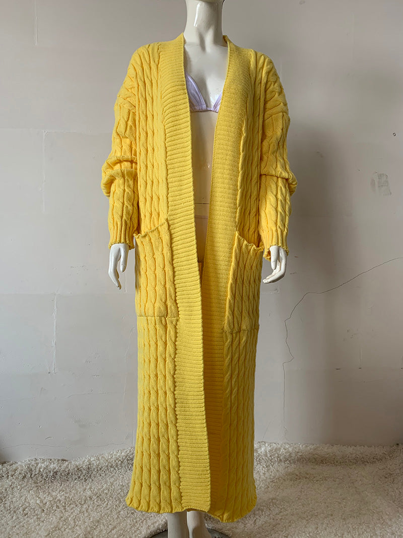 Open Front Pocketed Knitted Maxi Cardigan Sweater