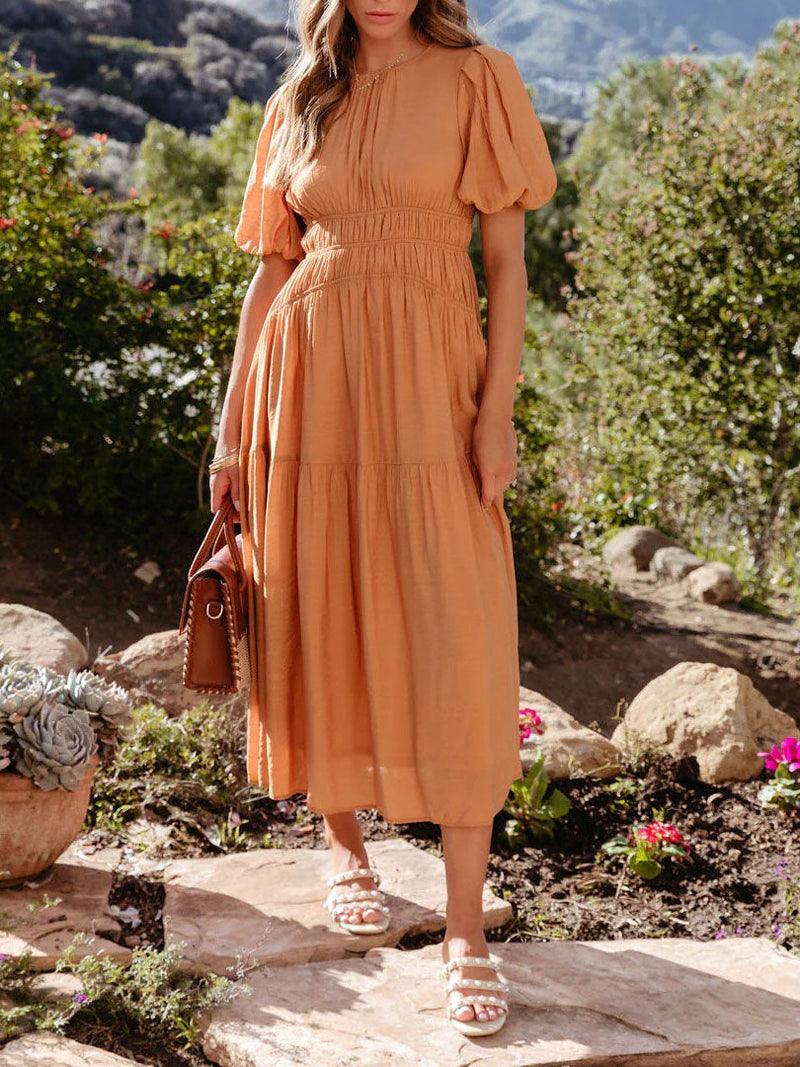 Puff Short Sleeve O-Neck Solid Loose Midi Dress