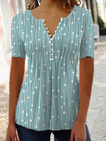 Casual V-Neck Short Sleeve Polka Dot Pleated Blouse Top