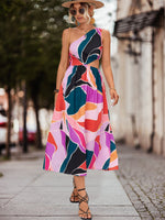 Sleeveless One Shoulder Floral Print Flared Midi Dress