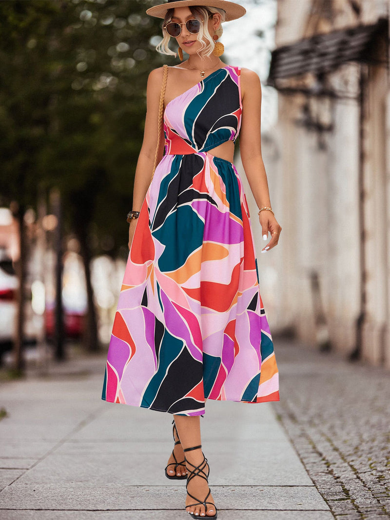 Sleeveless One Shoulder Floral Print Flared Midi Dress