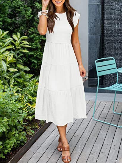 Solid Color Round Neck Cap Sleeve Loose Maxi Dress