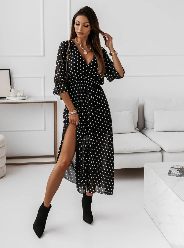 Flowy V Neck Short Sleeve Side Split Maxi Dress