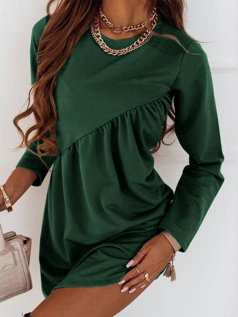 Fashion Long Sleeve O-Neck Solid Colour Mini Dress