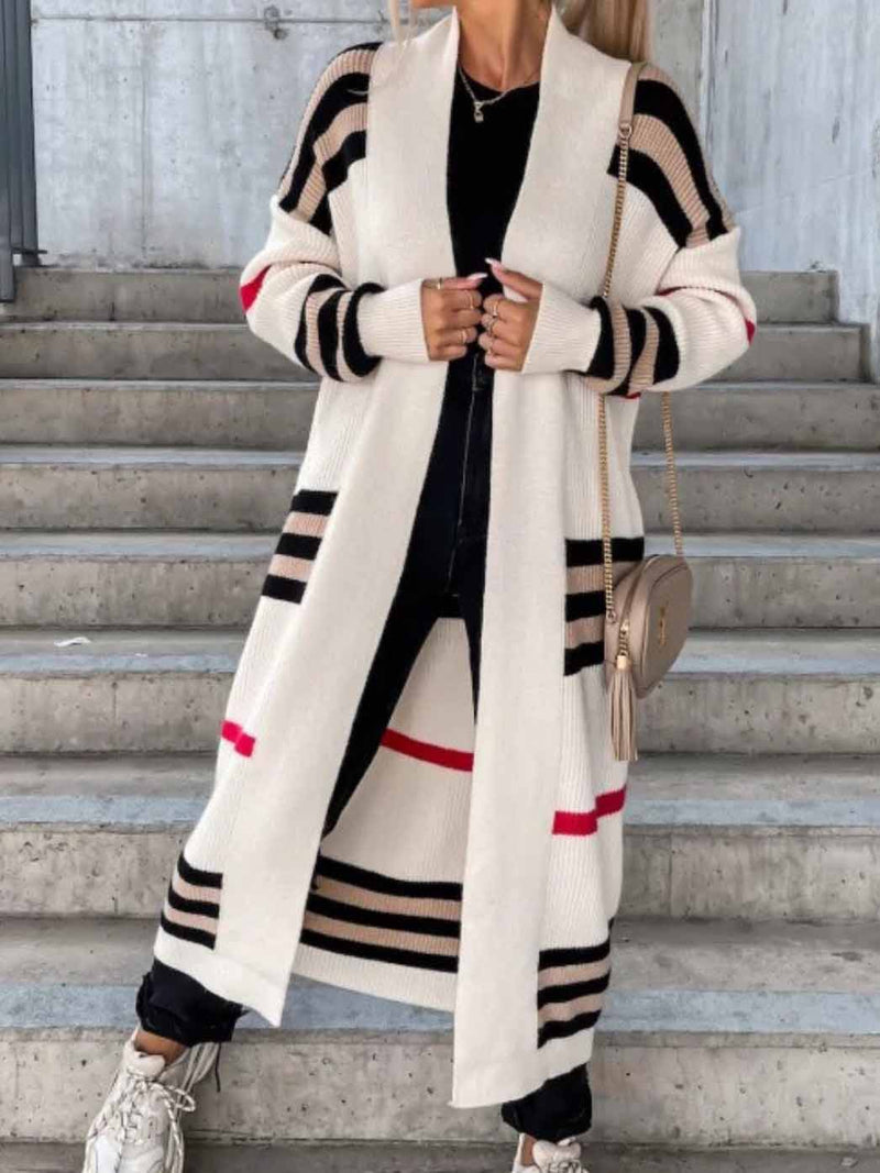 Long Sleeve Open Front Stripped Print Long Cardigan