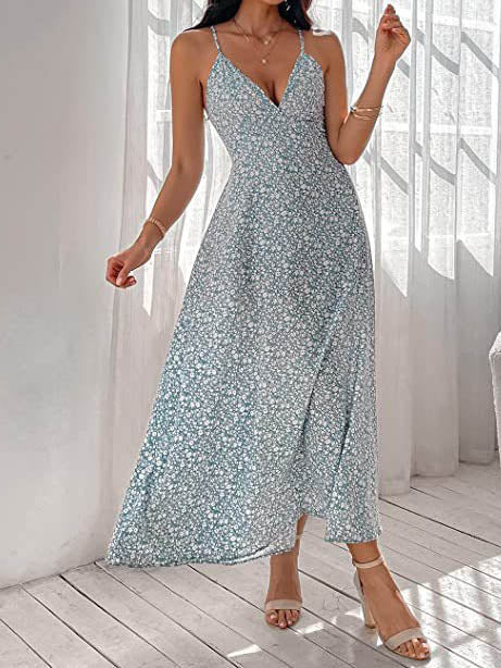 Sleeveless V Neck Flowy Spaghetti Strap Maxi Dress