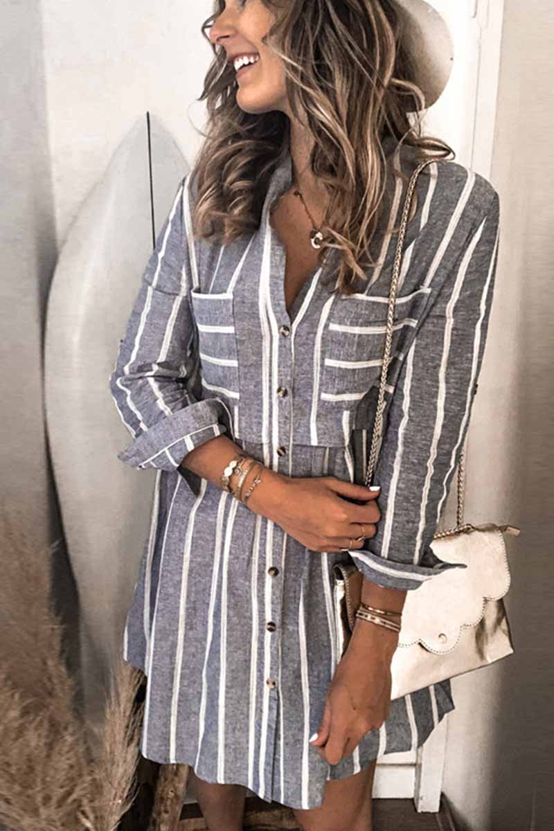 Florcoo Striped Stitching High Waist Pocket Shirt Mini Dress