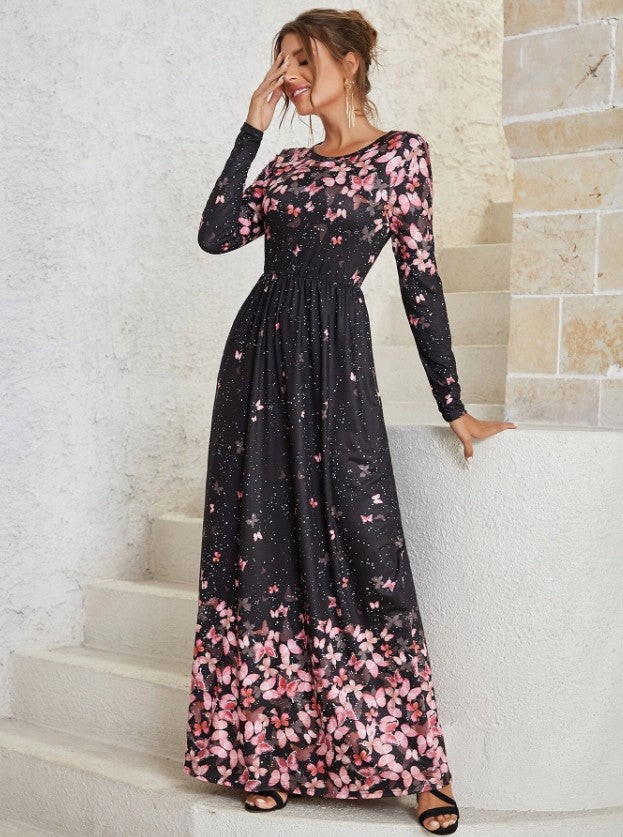 Fashion Floral Print Long Sleeve O-Neck Maxi Dress