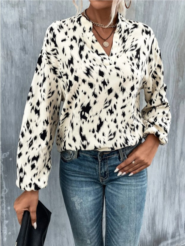 Elegant V-Neck Printed Long Sleeve Shirt