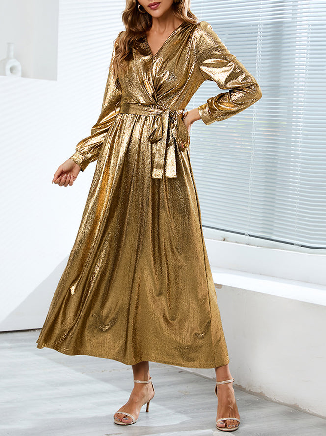 Shinny Long Sleeve Tie Waist Maxi Dress