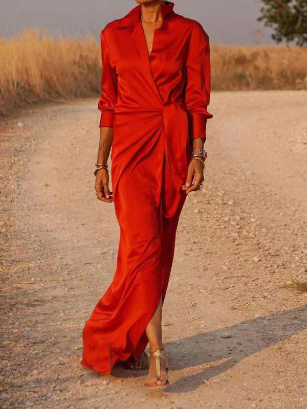 Casual Long Sleeve V-Neck Oversize Side Slit Long Dress