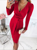 Deep V-Neck Long Sleeve Belt Slit Midi Dress