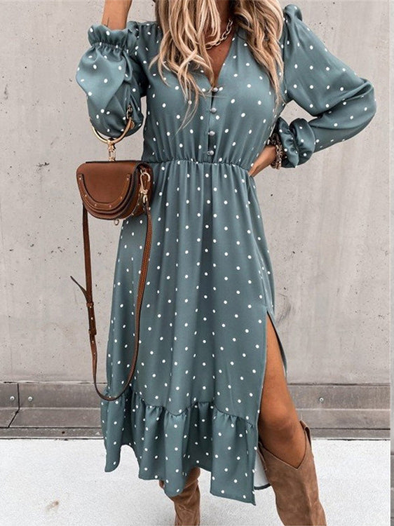 Fashion Button Polka Dot High Slit Ruffled Midi Dress