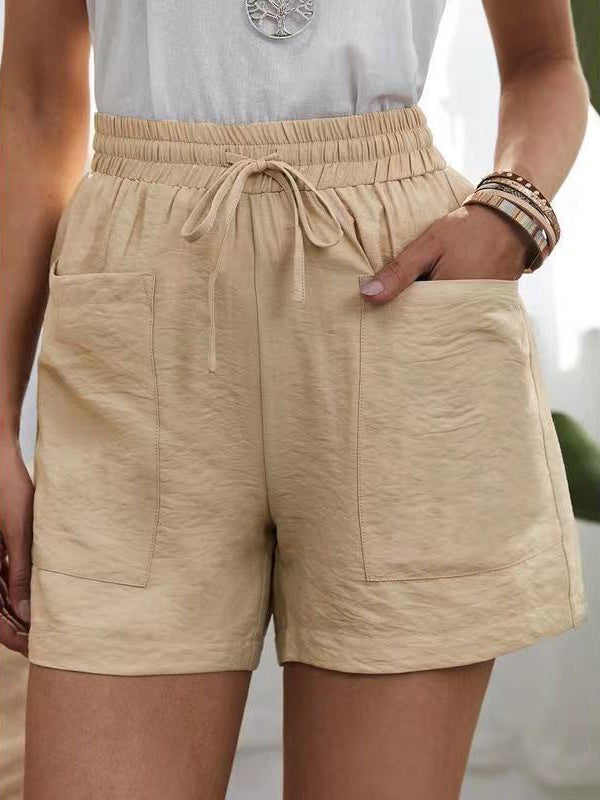 Drawstring Pocketed High Waist Solid Color Shorts