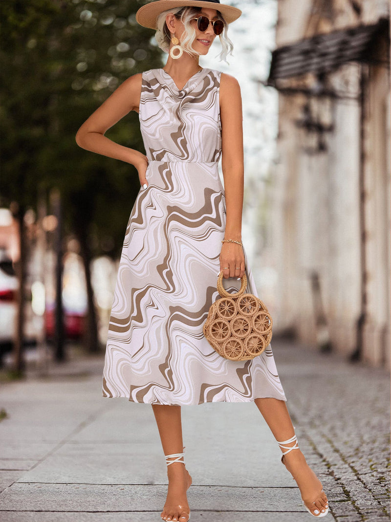 Fashion Round Neck Sleeveless Printed Midi Dress