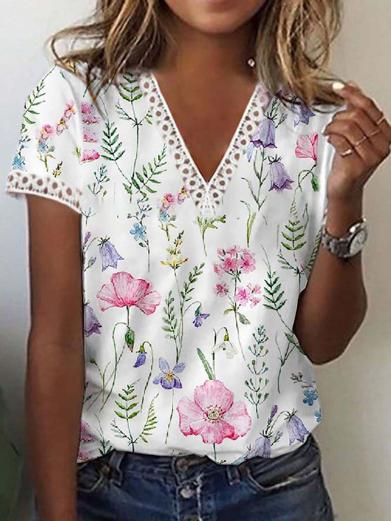 Fashion V-Neck Short Sleeve Floral Print Top Blouse