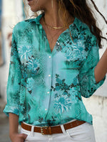 V-Neck Long Sleeve Printed Button Down Shirt