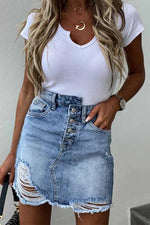 Button Irregular Denim Holes Mini Skirt