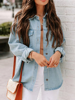 Collar Buttton Down Front Pocket Long Sleeve Denim Shirt Top