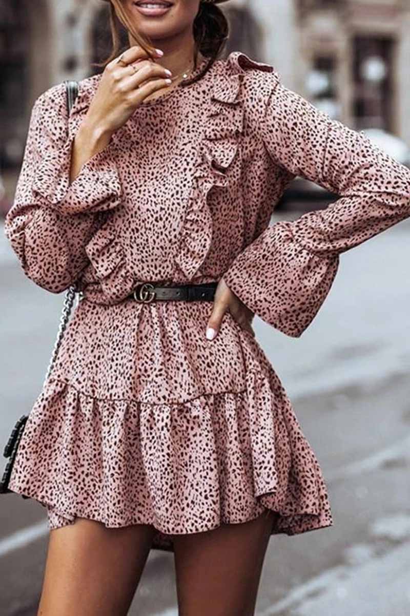 Florcoo Ruffle Print Long Sleeves Mini Dress