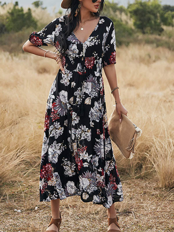 Elegant Short Sleeve V Neck Floral Maxi Dress