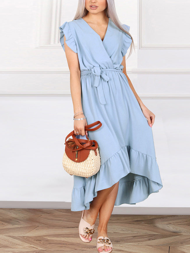 Casual Ruffle Sleeve V Neck Side Wrap Maxi Dress