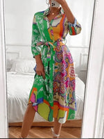 Long Sleeve Printed Belted Foulard Midi Dress