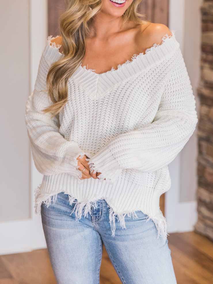 Casual V-Neck Long Sleeve Loose Knitted Sweatshirt