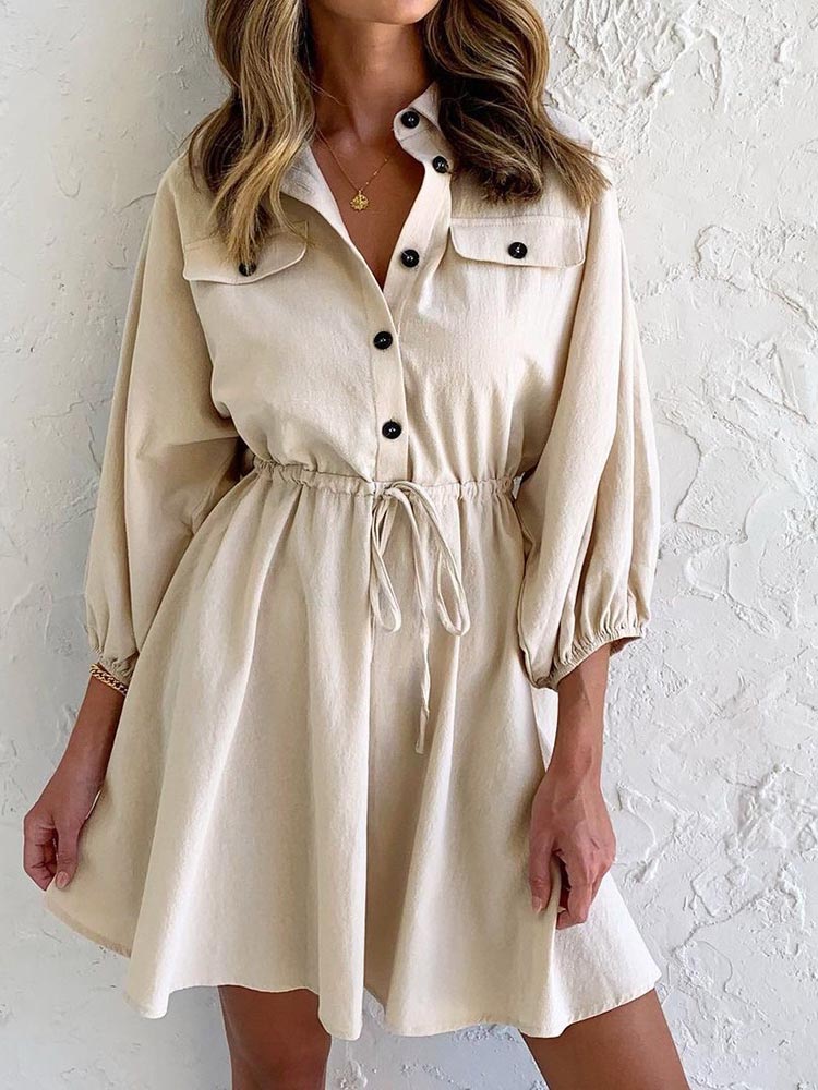 Button Up Drawstring Waist Long Sleeve Mini Dress