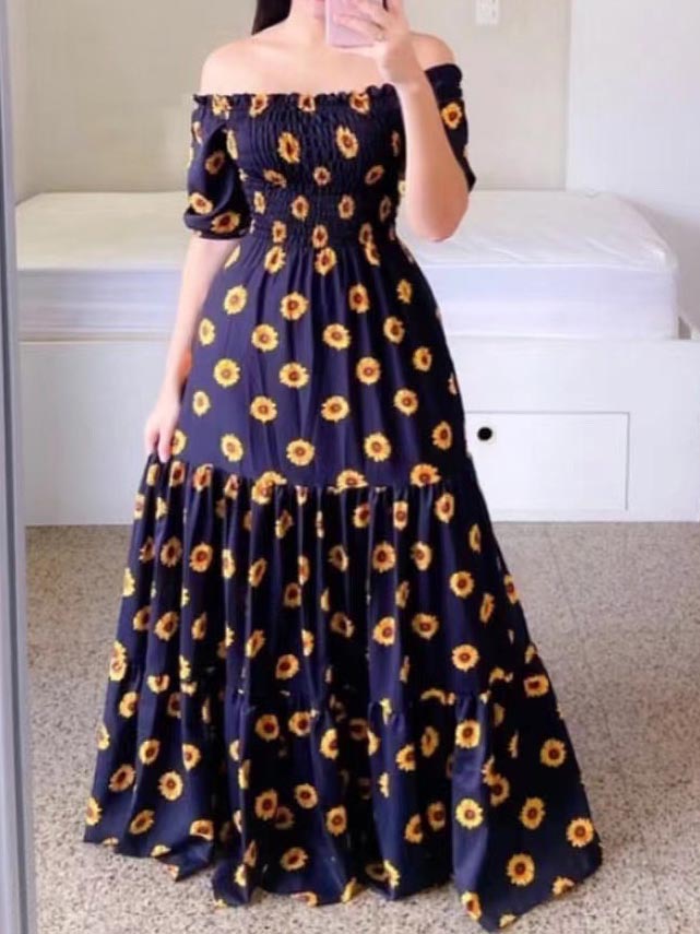 Off Shoulder Short Sleeve Floral Maxi Dress