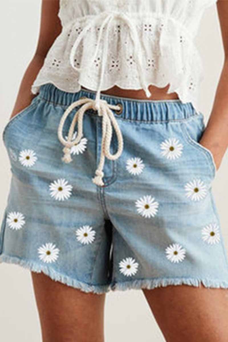 Florcoo Printed Elastic Waist Three-Point Low Stretch Ladies Denim Shorts