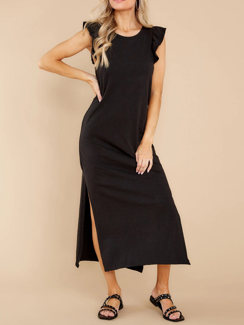 O-Neck Solid Color Double Split Midi Dress