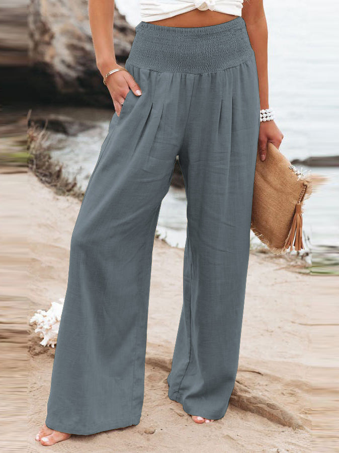 Casual High Waist Pocket Solid Loose Pant