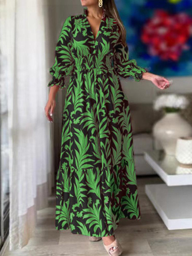 Casual Long Sleeve V Neck Floral Maxi Dress