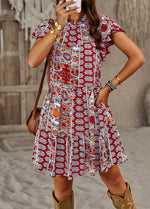 Crew Neck Ruffle Short Sleeve Printed Loose Midi Dress