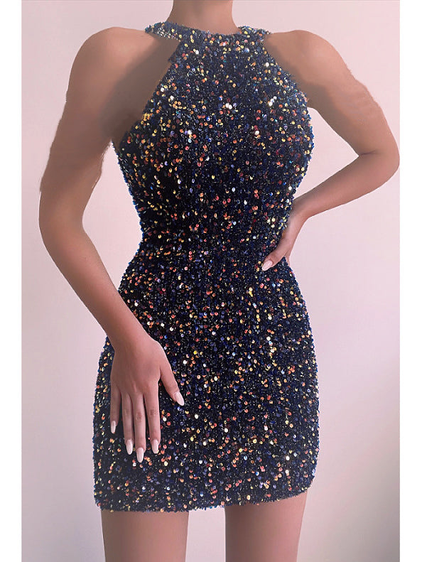 Fashion Sleeveless Halter Neck Sequins Mini Dress