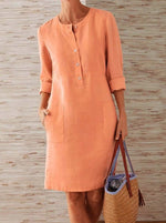 Casual Long Sleeve O-Neck Button Up Midi Dress