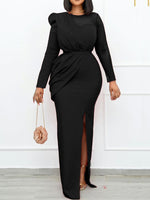 Elegant Long Sleeve Round Neck Slim Fit Side Split Maxi Dress